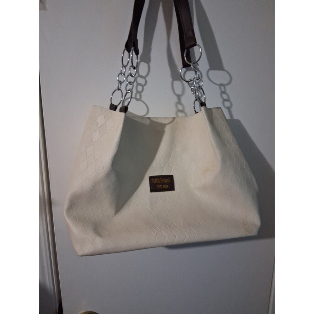 MiaTmait White Shoulder Bag Silver Chain Brown Strap Geometric Embossed